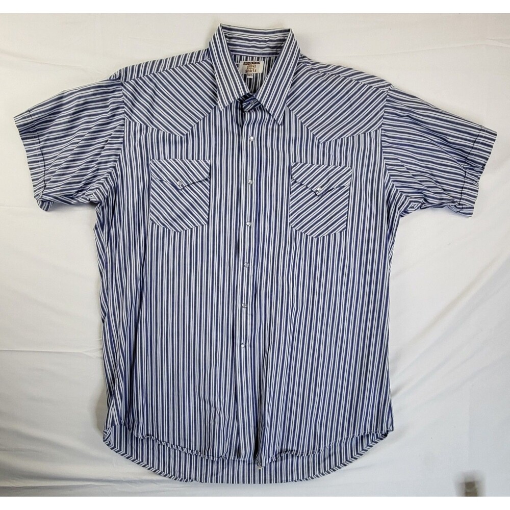 VTG Ruddock Western Shirt Pearl Snap Blue/White Striped Made in USA Mens Sz 18.5